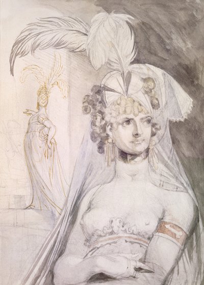 Puolikas kurtisaani, höyhenet, rusetti ja hunnu hiuksissaan, 1800-10 (kynä, wc ja muste paperille) tekijältä Johann Heinrich Füssli