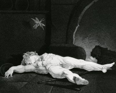 Kiekko nukkuu unessa maalaistalon edessä, kaiverrus Moses Haughton Jr. tekijältä Johann Heinrich Füssli