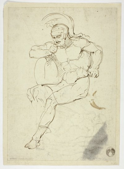 Istuva soturi (etusivu); istuva soturi (kääntöpuoli). tekijältä Henry Fuseli