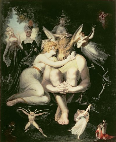Titania herää, keijujen ympäröimänä, joka takertuu kiihkeästi Pohjaan, edelleen päässään aasin pää, 1793-4 tekijältä Johann Heinrich Füssli