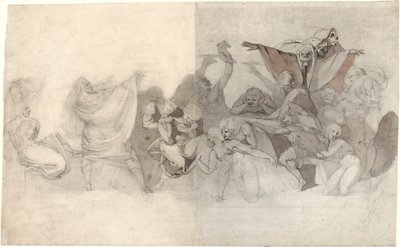 Triumph of Death: Kolme luurankoa tunkeutumassa bakkanaaliin taikurin tai pahan demonin orkestroimana tekijältä Johann Heinrich Füssli