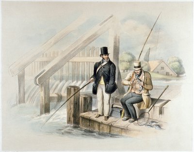 Taimenkalastus, Beddington Park, kuuden kuvan sarjasta "Angling" (käsinvärinen lito) tekijältä Henry Heath