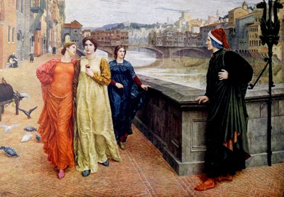 Dante Alighieri tapaa muusansa Beatrice Portinarin Firenzessä. tekijältä Henry Holiday