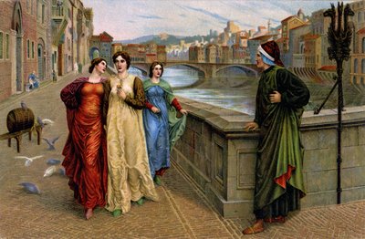 Dante Alighieri tapaamassa muusaansa Beatrice Portinaria Firenzessä, noin 1890 (vedos). tekijältä Henry Holiday