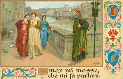 Italialainen runoilija Dante Alighieri ja Beatrice Portinari (chromolitho) tekijältä Henry Holiday