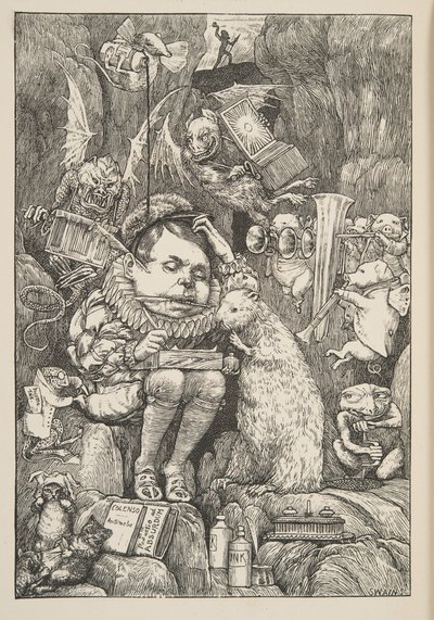 Majava toi paperia, portfoliota ja kyniä Lewis Carrollin pubista The Hunting of the Snark, An Agony in Eight Fits. 1876 tekijältä Henry Holiday