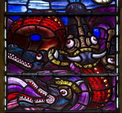Yeovil, St John The Baptist, Lowndes & Drury, Henry Holiday, The Dragons yksityiskohta, 1917-18. tekijältä Henry Holiday