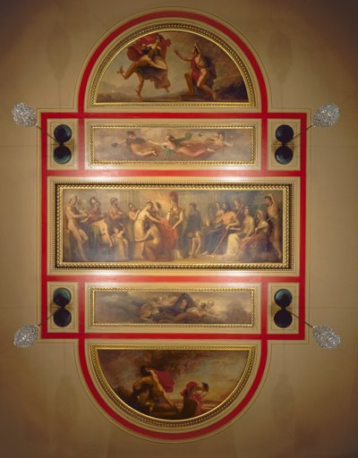 Kirjaston ja ruokasalin katto, joka kuvaa Pandoran legendaa, n. 1834 tekijältä Henry Howard