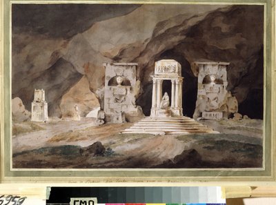 ""Hautausmaa"" (Vanha hautausmaa) Henry Hudfieldin vesiväreillä piirtämä teatterisisustus (1700-luku) 1790 Museum Palace Theatre Ostankino, Moskova tekijältä Henry Hudfield