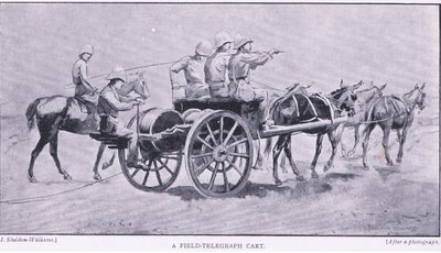 Kenttätelegrafiakärry, teoksesta After Pretoria: The Guerilla War, jonka on julkaissut Harmsworth Bros Limited, 1901. tekijältä Henry Inglis Jodrel Sheldon Williams