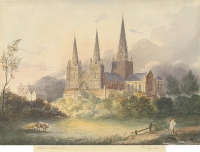 Lichfieldin katedraali - West View: akvarellimaalaus, 1844 tekijältä Henry James Noyes