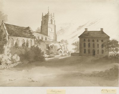 Pattinghamin kirkko ja pappilatalo: seepiapesupiirros, 1844 tekijältä Henry James Noyes