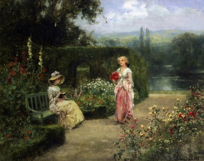 Nuoria naisia puutarhassa Englannin maaseudulla. Yeend Kingin (1855-1924) maalaus Yksityiskokoelma. tekijältä Henry John Yeend King