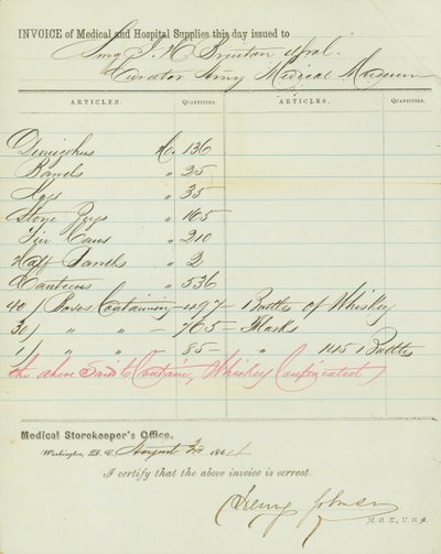 Lasku lääke- ja sairaalakaupoista, allekirjoitettu Henry Johnson, 30. elokuuta 1864 tekijältä Henry Johnson