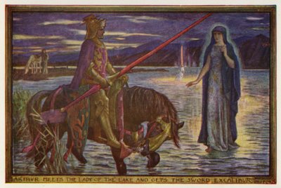 Arthur tapaa Lady of the Laken ja saa Sword Excaliburin (väri litho) tekijältä Henry Justice Ford