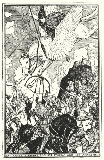Bellerophon taistelee Myrinaa ja hänen amazonejaan vastaan (litho) tekijältä Henry Justice Ford