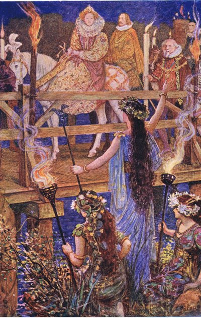 Kelluvan saaren nainen toivottaa Elizabethin tervetulleeksi, kuvitus Kenilworthista, n. 1910 tekijältä Henry Justice Ford