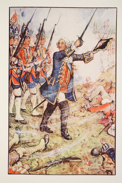 George II Dettingenissä, 1743, kuvitus Englannin historiasta, kirjoittaja C.R.L. Fletcher ja Rudyard Kipling, 1911 tekijältä Henry Justice Ford