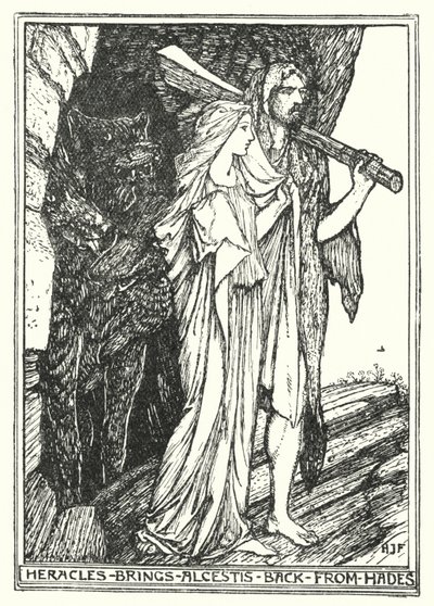 Herakles tuo Alkestisin takaisin Hadesista (litho) tekijältä Henry Justice Ford