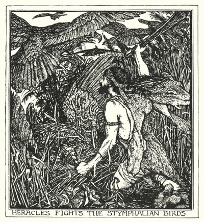 Herakles taistelee Stymphalian lintuja vastaan (litho) tekijältä Henry Justice Ford