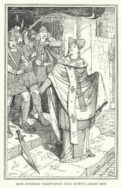 Kuinka Dunstan pelotti kuningas Edwyn aseistettuja miehiä (litho) tekijältä Henry Justice Ford