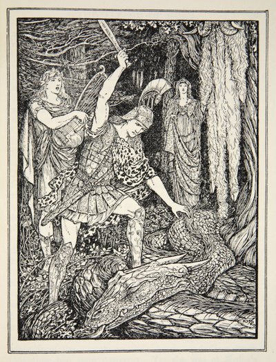 Kuinka kultavillasta vartioinut käärme tapettiin, Andrew Langin kirjasta Tales of the Greek Seas, 1926 (muste paperille) tekijältä Henry Justice Ford