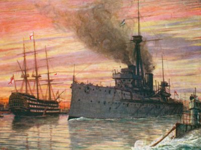 Dreadnought ja Victory Portsmouthin satamassa vuonna 1909 (värilitografia). tekijältä Henry Justice Ford