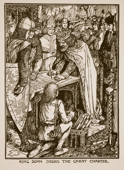 Kuningas Johannes laulaa suurta peruskirjaa, kuvitus C.R.L. Fletcherin ja Rudyard Kiplingin kirjoittamasta Englannin historiasta (A History of England), 1911. tekijältä Henry Justice Ford