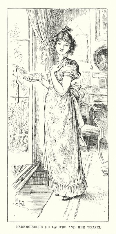 Mademoiselle de Laistre ja hänen näätänsä (kaiverrus) tekijältä Henry Justice Ford