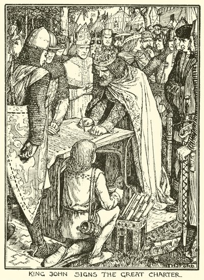 Magna Carta. Kuningas Johannes allekirjoittaa suuren peruskirjan (kaiverrus). tekijältä Henry Justice Ford