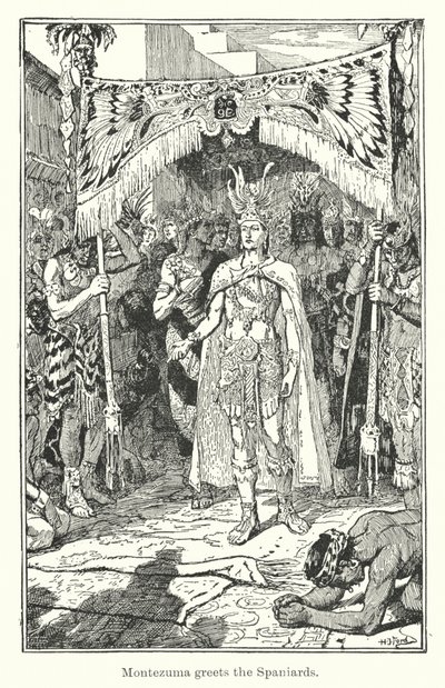 Montezuma tervehtii espanjalaisia (kaiverrus) tekijältä Henry Justice Ford