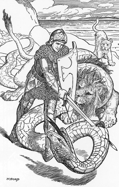 Percival fightint the serpent HJ Fordin (1860-1940) kuvitus teoksesta "The book of Romance" 1902 Yksityinen kokoelma tekijältä Henry Justice Ford