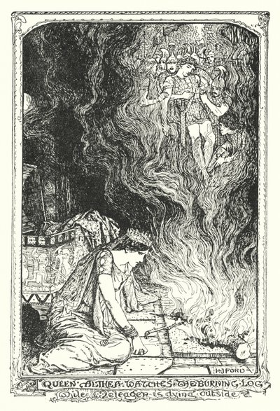 Kuningatar Althea katselee palavaa puuta, kun Meleager kuolee ulkona (litho) tekijältä Henry Justice Ford