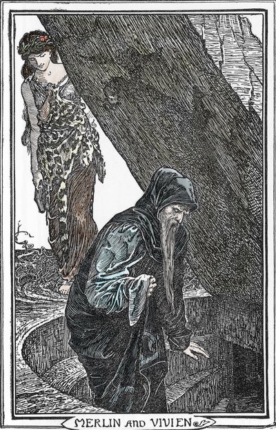 Merlin, Lumoaja ja Fee Vivianen (Merlin anc Vivien) esitys Henry Justice (HJ) Fordin (1860-1941) kuvituksesta "The book of romance" 1902 Collection privee tekijältä Henry Justice Ford