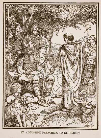 Pyhä Augustinus saarnaa Ethelbertille, kuva C.R.L.:n Englannin historiasta. Fletcher ja Rudyard Kipling tekijältä Henry Justice Ford