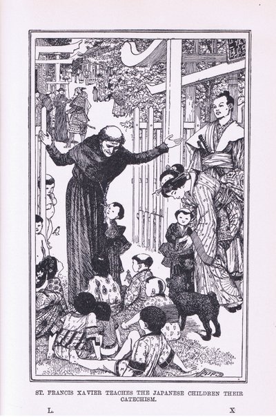 Pyhä Franciscus Xavier opettaa japanilaisille lapsille katekiksen, 1912 tekijältä Henry Justice Ford