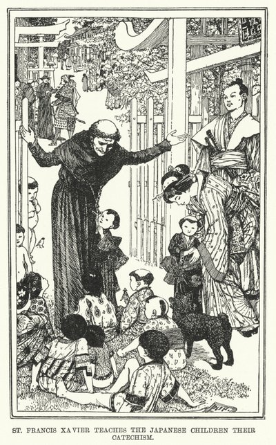 Pyhä Franciscus Xavier opettaa japanilaisille lapsille katekismuksen (litho) tekijältä Henry Justice Ford