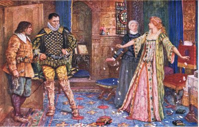 Leicesterin kreivitär repii miehensä kirjeen Varneyn ja Fosterin läsnäollessa, kuvitus Kenilworthista, n. 1910 tekijältä Henry Justice Ford