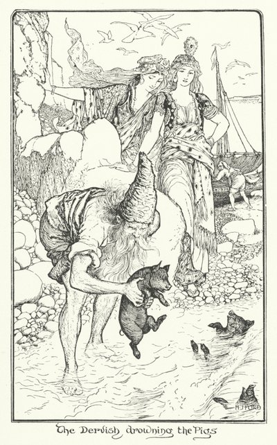 Dervish hukuttamassa sikoja (kaiverrus) tekijältä Henry Justice Ford