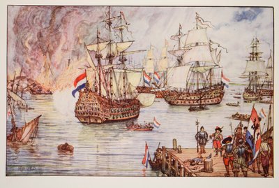 The Dutch in the Medway, kuvitus Englannin historiasta, kirjoittaja C.R.L. Fletcher ja Rudyard Kipling, 1911 tekijältä Henry Justice Ford