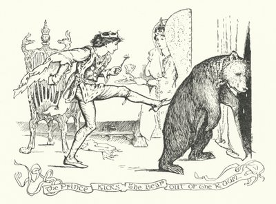 Prinssi potkaisee karhun ulos huoneesta (kaiverrus) tekijältä Henry Justice Ford
