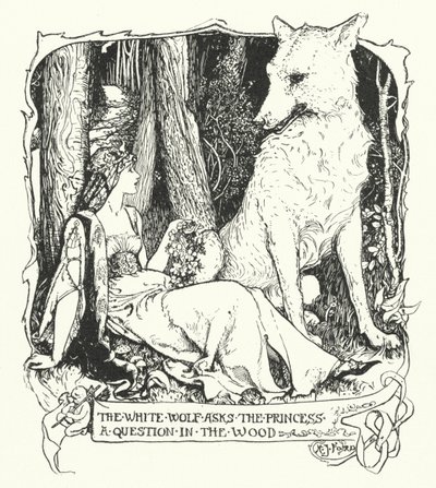 Valkoinen susi kysyy prinsessalta kysymyksen puussa (kaiverrus) tekijältä Henry Justice Ford