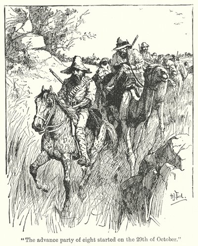 "Kahdeksan hengen etujoukko lähti liikkeelle 29. lokakuuta." (litografia) tekijältä Henry Justice Ford