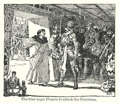Munkki kehottaa Pizarroa hyökkäämään perulaisia vastaan (litografia). tekijältä Henry Justice Ford