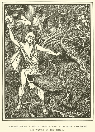 Nuorena Odysseus taistelee villisikaa vastaan ja saa haavan reiteensä. tekijältä Henry Justice Ford