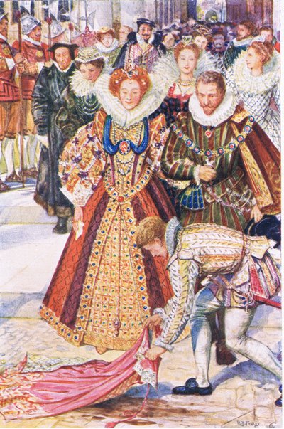 Walter Raleigh uhraa viittansa kuningatar Elisabetin puolesta, kuvitus Kenilworthista, n. 1910 tekijältä Henry Justice Ford
