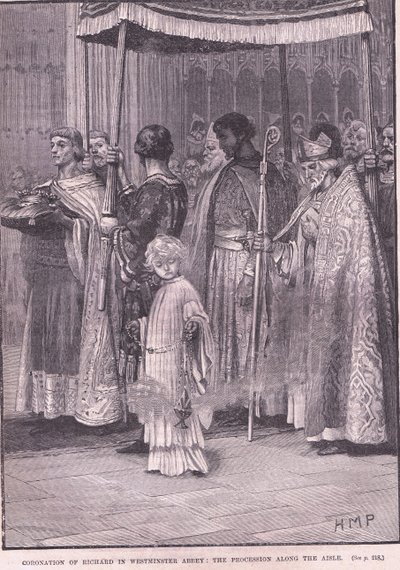 Richard I:n kruunaus Westminster Abbeyssa: kulkue käytävää pitkin 1189 jKr. tekijältä Henry Marriott Paget