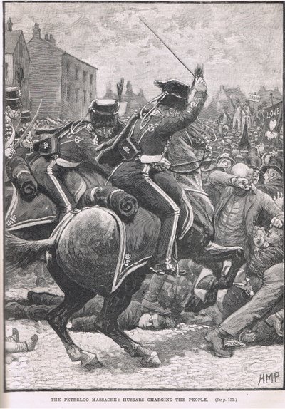 Peterloon verilöyly, jossa husaarit syyttivät ihmisiä, kuvitus Cassellin Englannin kuvitetusta historiasta, julkaistu n. 1910 tekijältä Henry Marriott Paget