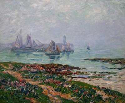 Rannikkokohtaus, jossa on kalastusveneitä tekijältä Henry Moret