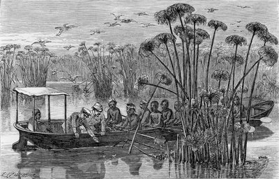 At the Mouth of the Rusizi, julkaisusta How I Found Livingstone; matkoja, seikkailuja ja löytöjä Keski-Afrikassa, 1867 tekijältä Henry Morton Stanley